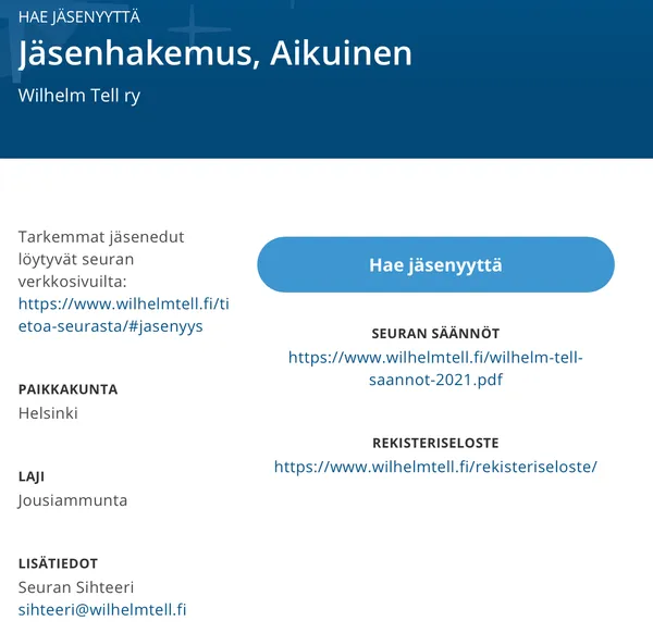 Suomisportin jäsenhakemusnäkymä, jossa Hae jäsenyyttä -painike