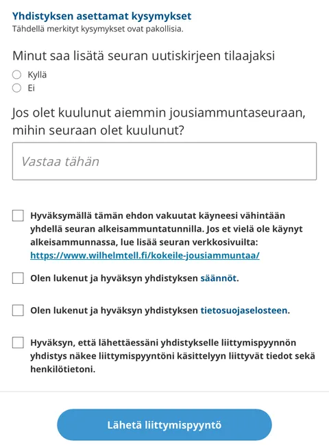 Jäsenhakemuksen lomake, jossa täytettäviä kysymyksiä ja valintoja